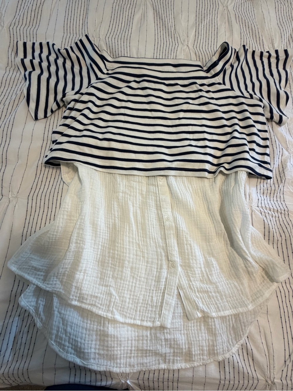 Anthropologie Striped Off-Shoulder Navy and White Striped Layered Women's Top